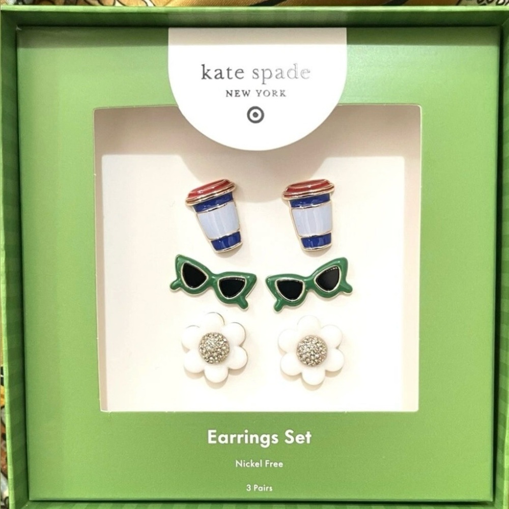 Kate Spade NY x Target Earrings Set of 3 pairs—Sunglasses, Flowers, Coffee NWT